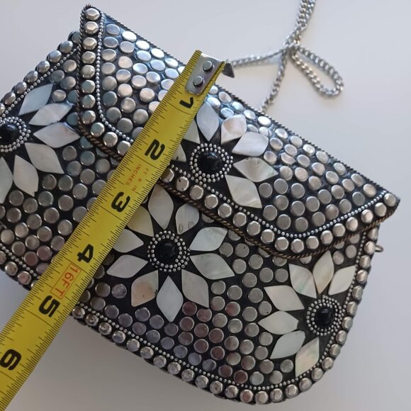 Antik Kraft Mother of Pearl Mosaic Crossbody Clutch Bag Silver Studded Boho - Picture 9 of 12